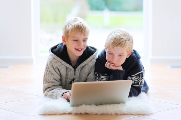 两个快乐的兄弟在室内玩笔记本电脑图片下载