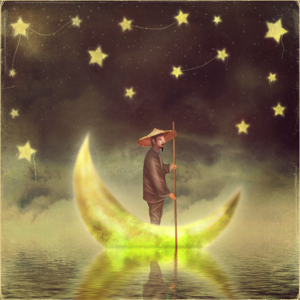 清晨薄雾中的中国男人站在月球上图片下载