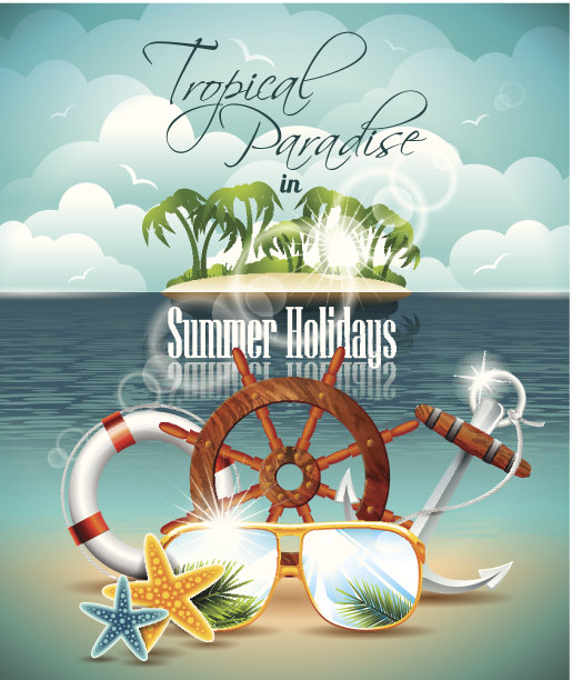 暑假传单设计与棕榈树和航运元素图片下载