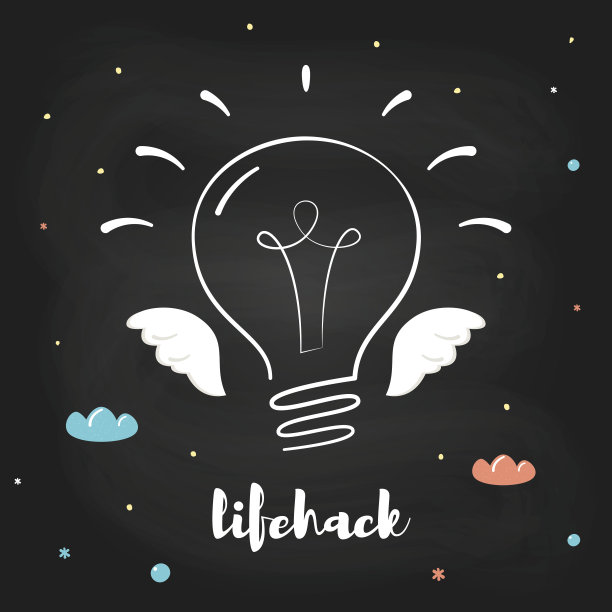 飞行灯泡在黑板的背景。Lifehack标志图片下载