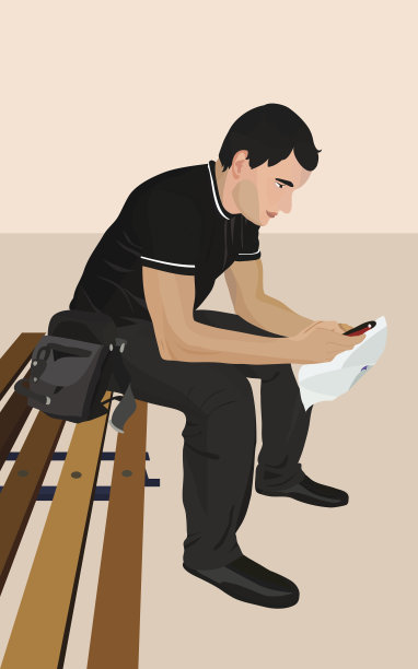 一个拿着手机的年轻人的插图。深色的图片下载