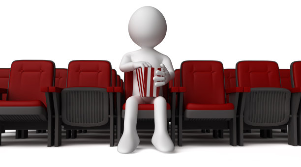 3D人类坐在扶手椅上吃着爆米花图片下载