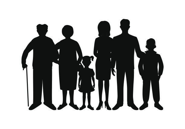 大的幸福的家庭。父亲，母亲，儿子，女儿，祖父素材图片