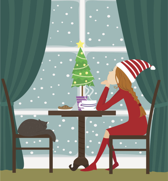 圣诞女孩坐在窗边——插图图片下载