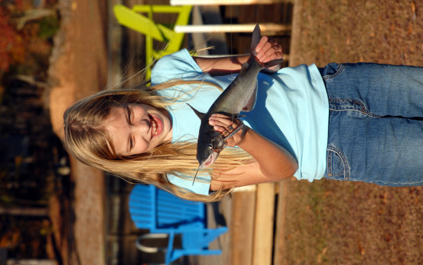 兴奋的小女孩拿着一条鲶鱼。图片下载