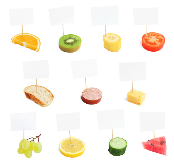 一套各种食物块与空白纸板信息标签图片下载