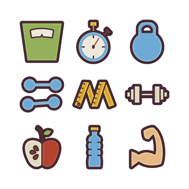 健身和节食项目现代平面图标设置图片下载