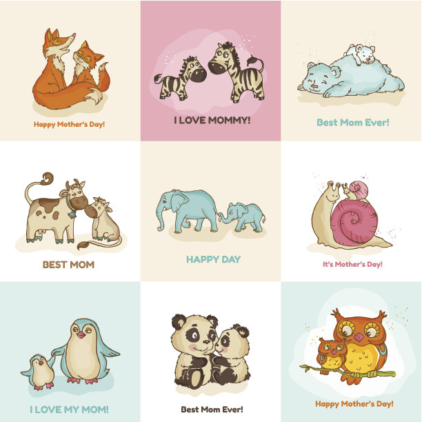 母亲节快乐卡片-有可爱的动物图片下载