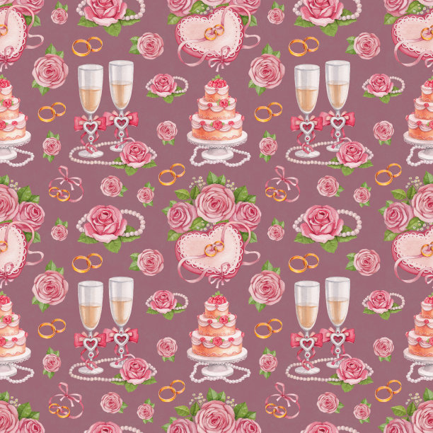 无缝模式与水彩婚礼插图图片下载