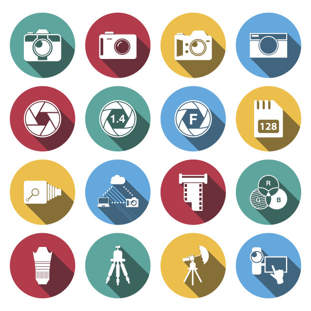 平面阴影相机和配件图标设置。图片下载