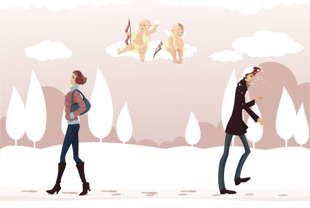 一对情侣在雪地里奔跑图片下载