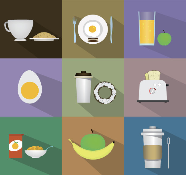 早餐新鲜食品和饮料平面图标设置图片下载