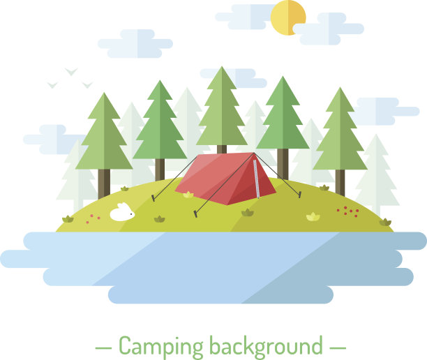 露营矢量平面风格的背景与针叶树。图片下载