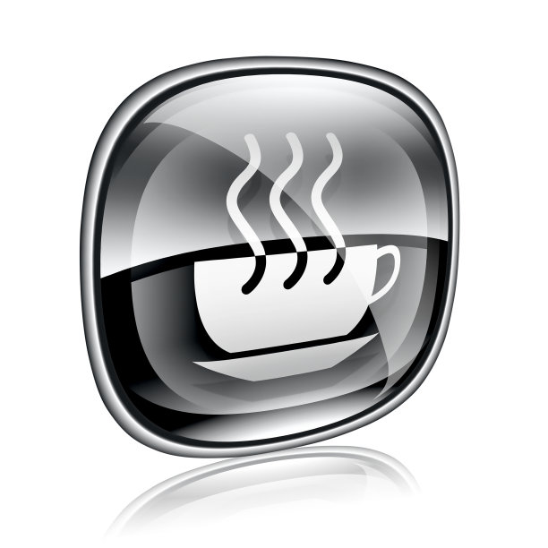 咖啡杯图标黑色玻璃，孤立在白色背景。图片下载