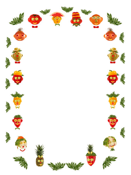 不同的脸，由蔬菜和水果做成的镜框。图片下载