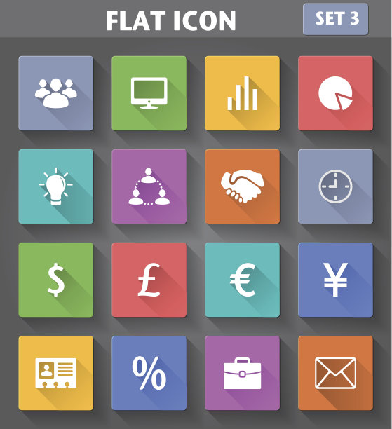 商业图标设置在扁平风格与长阴影。图片下载