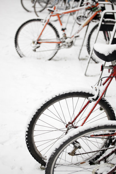 多辆自行车覆盖在雪地上图片下载