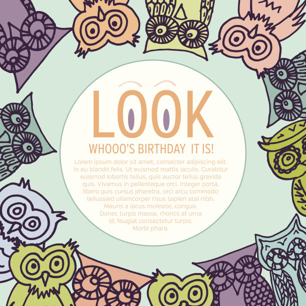 猫头鹰的角绕边“看谁过生日”贺卡图片下载