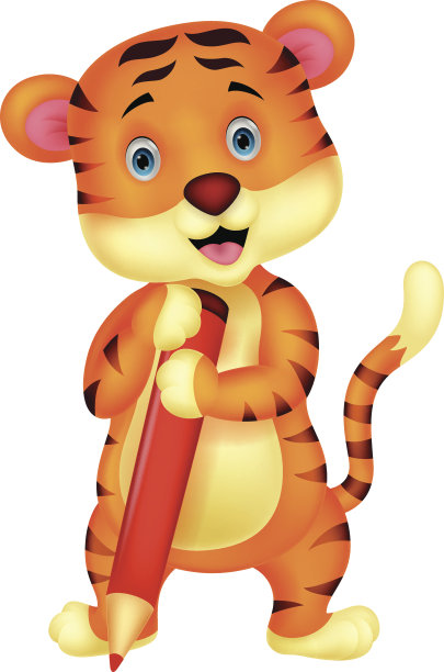 可爱的老虎卡通拿着红色的铅笔图片下载