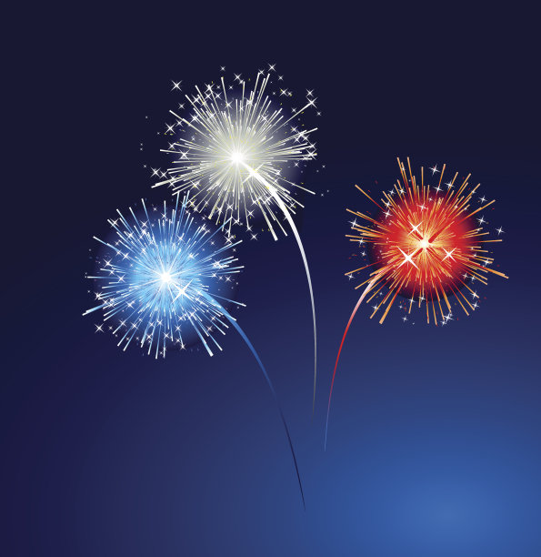 图形红色，白色和蓝色的烟花在蓝天的背景素材图片