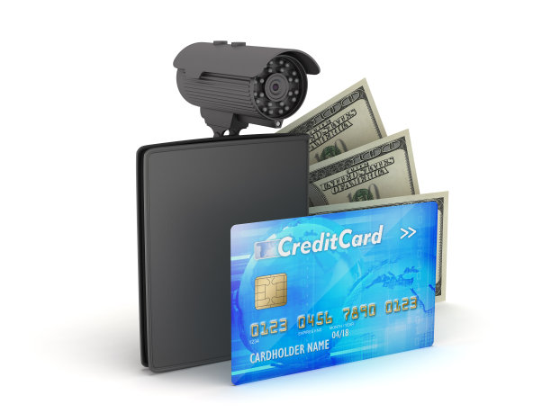 信用卡，美钞，钱包和监控摄像头图片下载