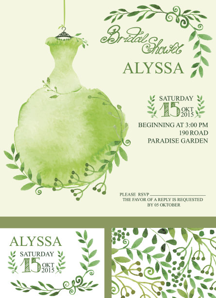 水彩春季新娘送礼会邀请函。绿色的裙子,分支机构图片下载