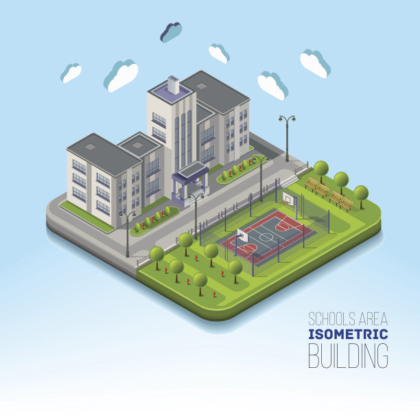 周边有篮球和花园的等距学区图片下载