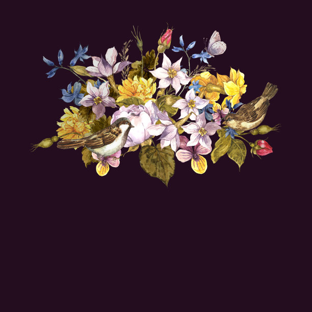 春季花复古卡片麻雀图片下载