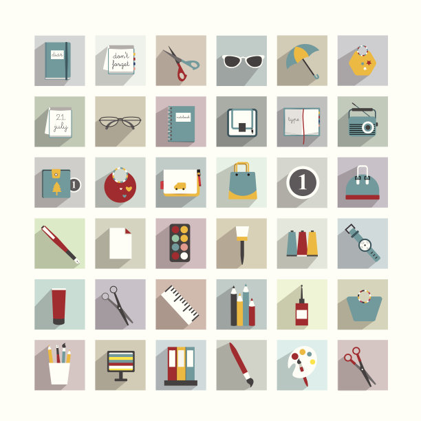 工作办公室平面阴影图标的集合。图片下载