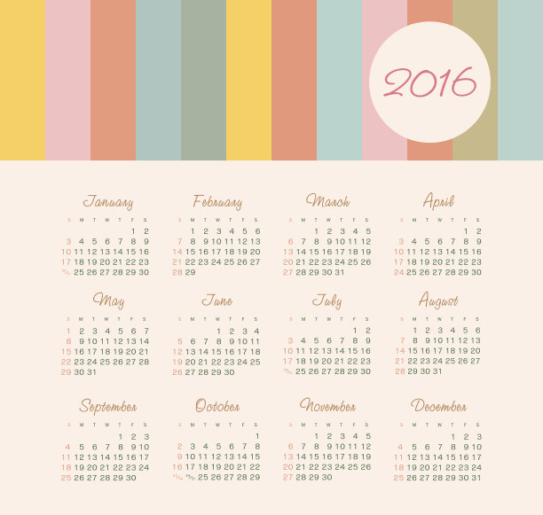 2016年的日历。上周星期天开始。图片下载