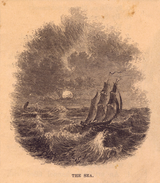 古老的，黑白插图的船在汹涌的大海上图片下载