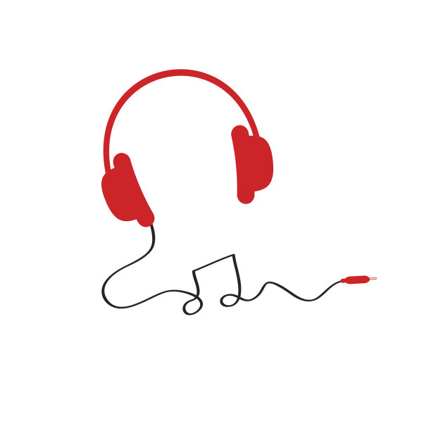 红色耳机图标黑色线形状的音符音乐扁平图片下载