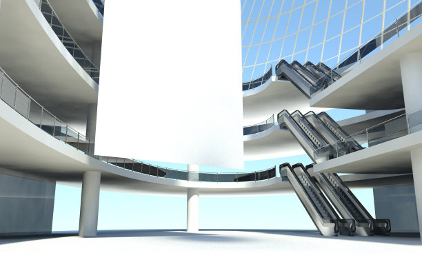 内部空白广告旗和自动扶梯图片下载