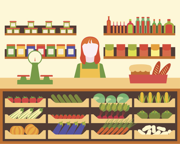 室内杂货铺小贩站在柜台后面。矢量图图片下载