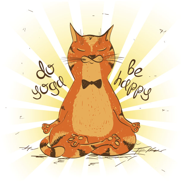 卡通红猫坐莲花瑜伽姿势。图片下载