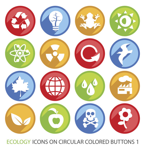 圆形彩色按钮上的生态图标。图片下载