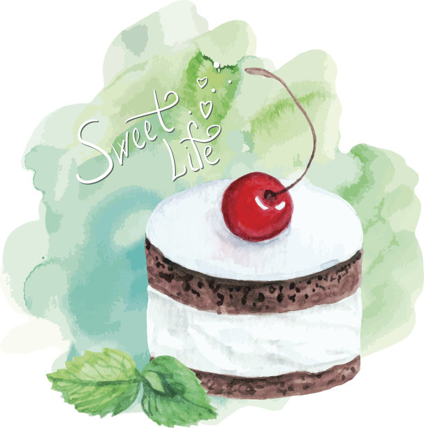 矢量水彩蛋糕樱桃和薄荷。素材图片
