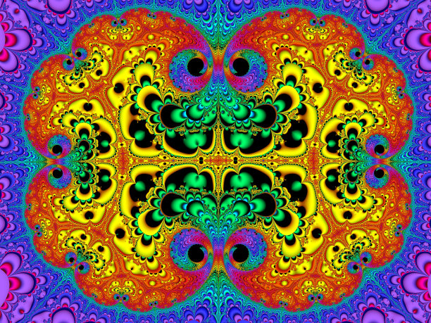 对称分形图案地毯。蓝色和黄色调色板。图片下载