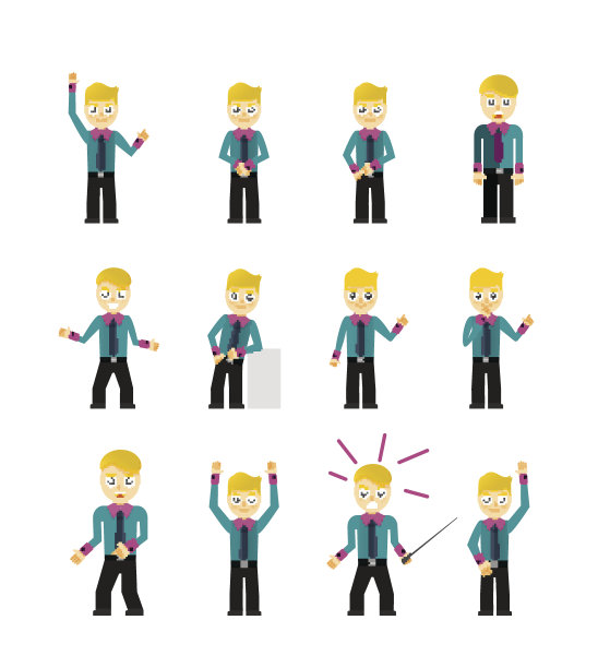 一套可爱的年轻商人角色摆出孤立的白色图片下载