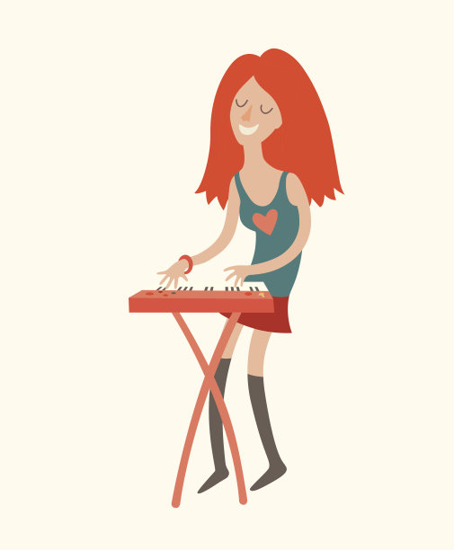 女孩在合成器上玩，白色背景上的矢量插图图片下载