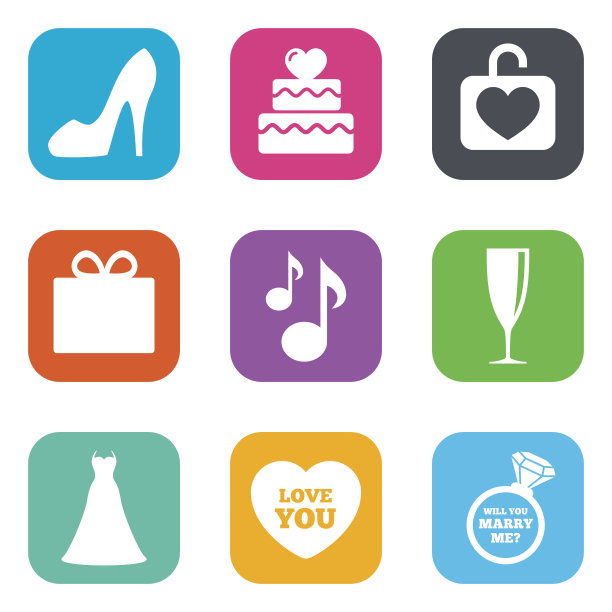 婚礼,订婚的图标。蛋糕,礼物盒图片下载