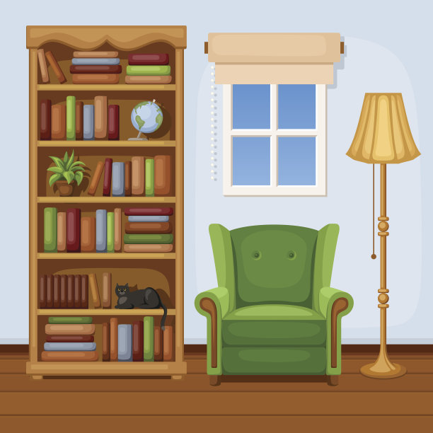 房间内设书柜和扶手椅。矢量插图。图片下载