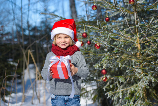 可爱的小男孩与圣诞礼物在冬天的森林图片下载