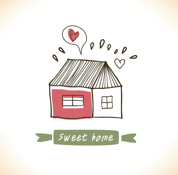 可爱的乡村卡片，有房子和树。图片下载