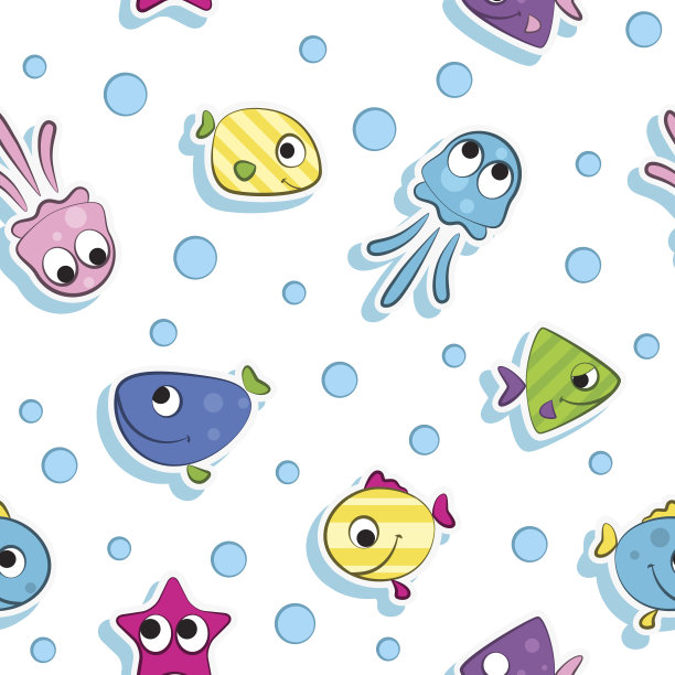无缝图案与彩色卡通鱼。白色背景图片下载