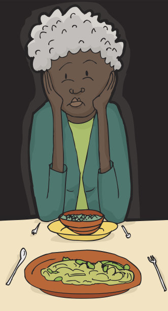 悲伤的女人在餐桌上吃饭图片下载