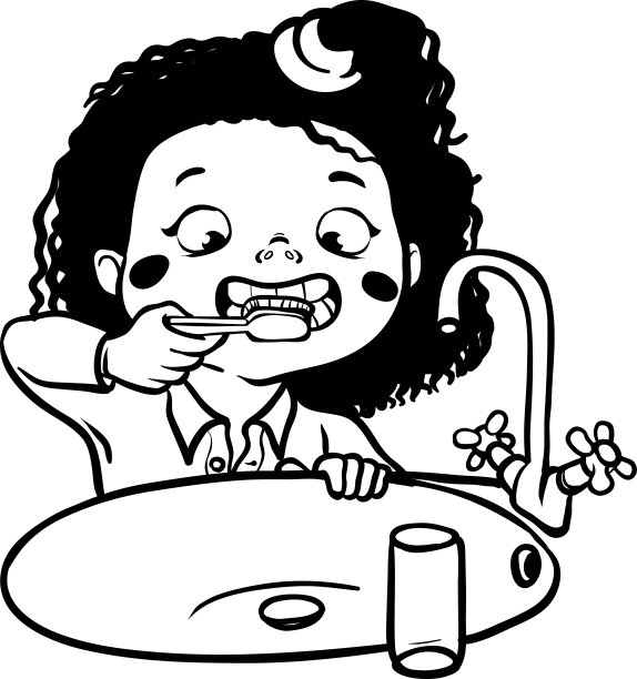 有趣的卡通女孩正在刷牙。矢量图图片下载