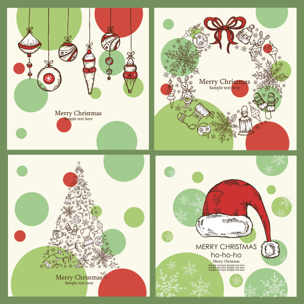 向量集:圣诞卡，圣诞树，花环。手绘图片下载