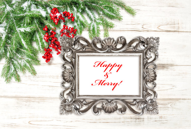 圣诞树的树枝上有红色的浆果。相框快乐快乐图片下载