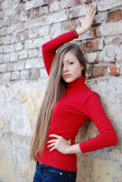 优雅诱人的女子在砖墙前图片下载